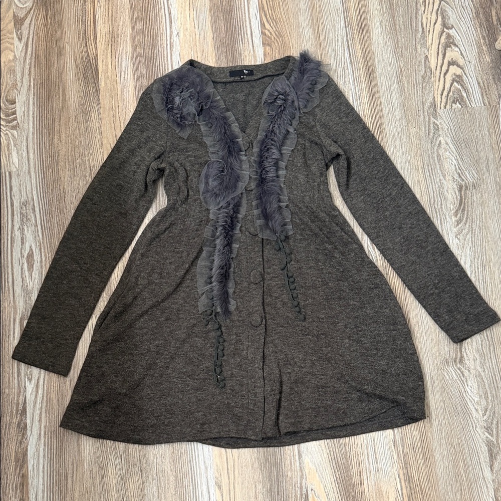 Gray Long Sleeve Cardigan with Detailing